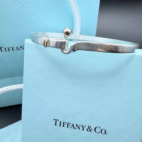 Authentic Tiffany & Co. 925 Silver & 18K Gold Hook Eye Bangle Bracelet Vintage - Picture 2 of 5